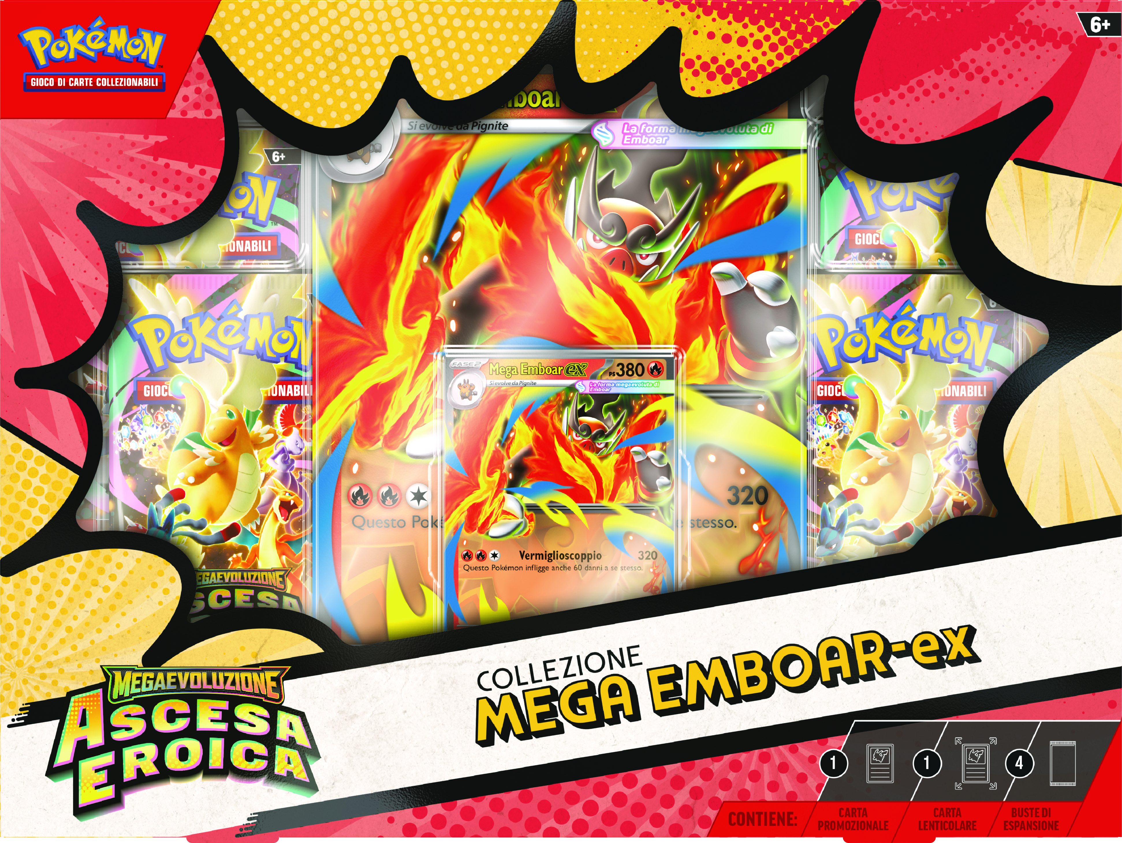 pokemon - megaevoluzione - ascesa eroica - box da 6 collezione mega (2x mega meganium, 2x mega feraligatr, 2x mega emboar)