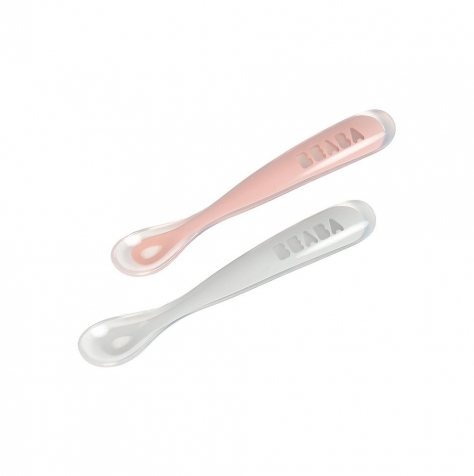 set 2 cucchiai ergonomici prime pappe con custodia - silicone - rosa - maneggevole per gli adulti e delicato per i bambini