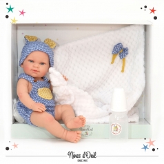 baby lana set 37cm - corpo in vinile, con coperta, biberon e vestitino azzurro