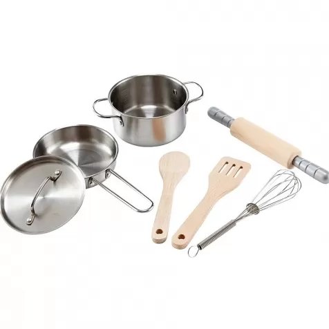 set da cucina - pentole in metallo con strumenti in legno