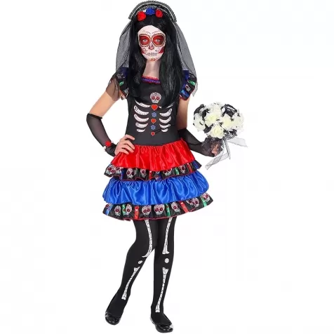 costume mujer dia de los muertos 116cm - vestito scaldabraccia copricapo con velo