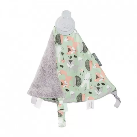 doudou comforter con gioco dentizione e etichette, verde e grigio con animaletti