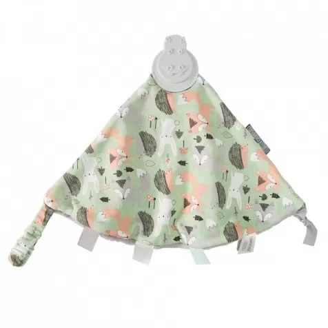 doudou comforter con gioco dentizione e etichette, verde e grigio con animaletti