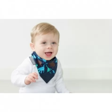 bavaglino bandana double face con gioco dentizione, regolabile e assorbente, verde e blu con dinosauri