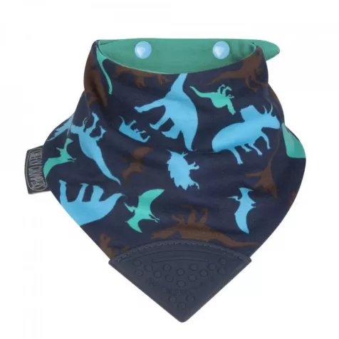 bavaglino bandana double face con gioco dentizione, regolabile e assorbente, verde e blu con dinosauri