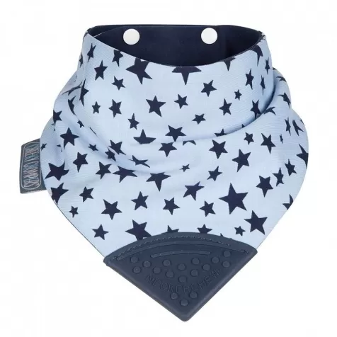 bavaglino bandana double face con gioco dentizione, regolabile e assorbente, azzurro e blu con stelline
