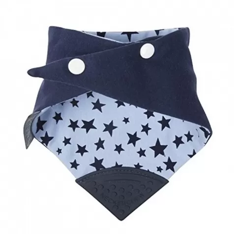 bavaglino bandana double face con gioco dentizione, regolabile e assorbente, azzurro e blu con stelline