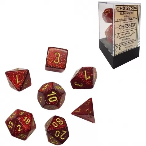 glitter rosso rubino/oro - set di 7 dadi poliedrici