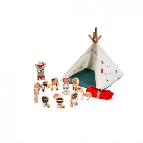tenda degli indiani con personaggi in legno e stoffa