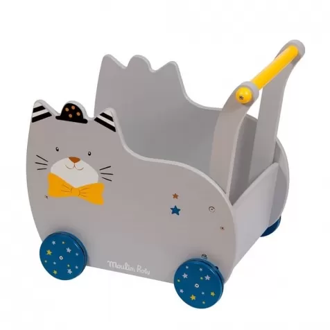 carrello primi passi gatto grigio - les moustaches trolley in legno