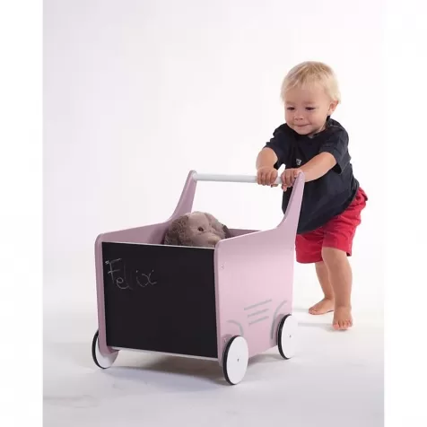 carrello portagiochi in legno con lavagna, rosa pallido - perfetto per i primi passi!