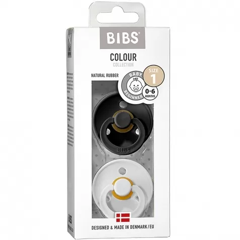set di 2 ciucci colour - nero e bianco - tettarella in gomma naturale - made in denmark - con mascherina rotonda e tettarella - senza bpa, pvc e ftalati 0-6 mesi