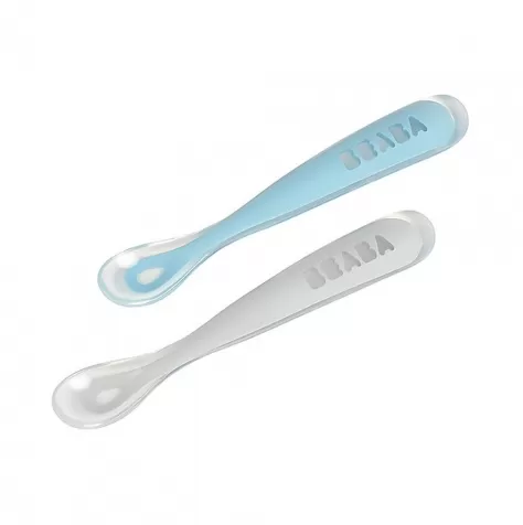 set 2 cucchiai ergonomici prime pappe con custodia - silicone - blu - maneggevole per gli adulti e delicato per i bambini: 2