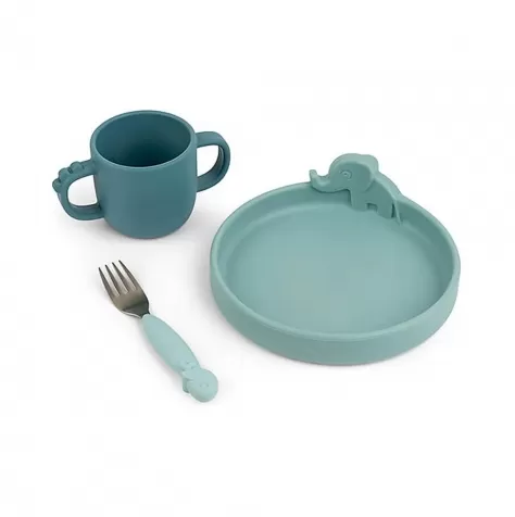 set pappa peekaboo deer friends blu - con piatto + tazza con manici + forchetta: 1