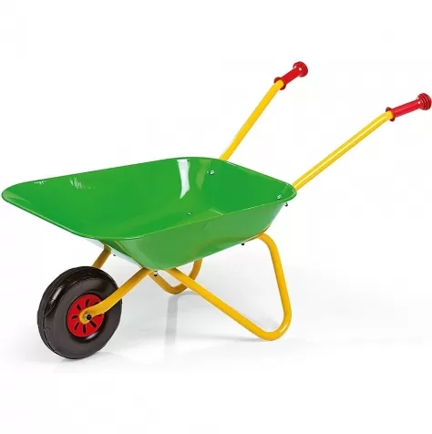 carriola con vasca verde in metallo e telaio giallo in metallo con copriruota e manopole rossi: 1