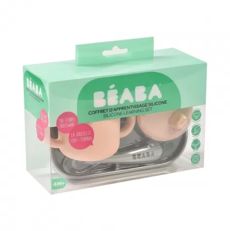 set pappa da apprendimento in silicone - piatto triscomparto + tazza con beccuccio + cucchiaio da 2 anni - rosa e grigio: 1