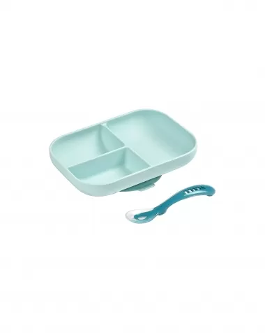set pappa da apprendimento in silicone - piatto triscomparto + cucchiaio da 2 anni - blu