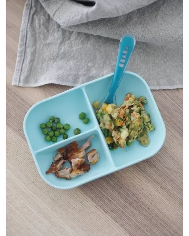 set pappa da apprendimento in silicone - piatto triscomparto + cucchiaio da 2 anni - blu