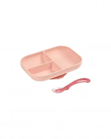 set pappa da apprendimento in silicone - piatto triscomparto + cucchiaio da 2 anni - rosa