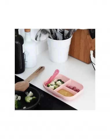 set pappa da apprendimento in silicone - piatto triscomparto + cucchiaio da 2 anni - rosa
