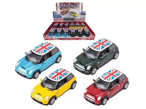 mini cooper s tetto bandiera uk die-cast a retrocarica