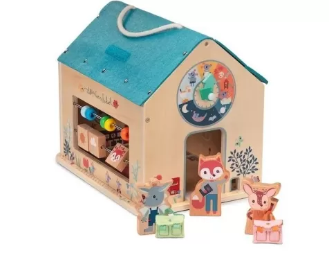 la mia prima scuola in legno e stoffa con personaggi portatile