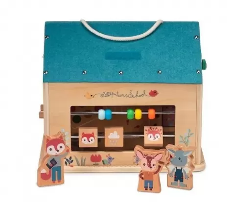 la mia prima scuola in legno e stoffa con personaggi portatile