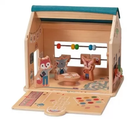 la mia prima scuola in legno e stoffa con personaggi portatile