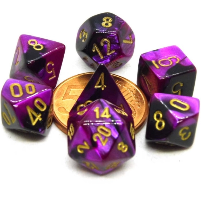 mini gemini black-purple/gold- set di 7 dadi poliedrici