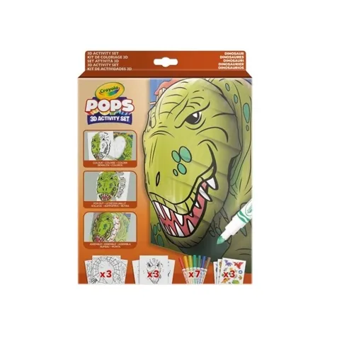 set attivita pops dinosauri - 3 disegni 3d, 7 pennarelli, 3 fogli adesivi