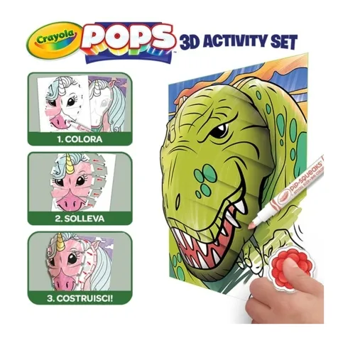 set attivita pops dinosauri - 3 disegni 3d, 7 pennarelli, 3 fogli adesivi