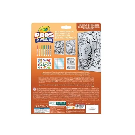 set attivita pops dinosauri - 3 disegni 3d, 7 pennarelli, 3 fogli adesivi