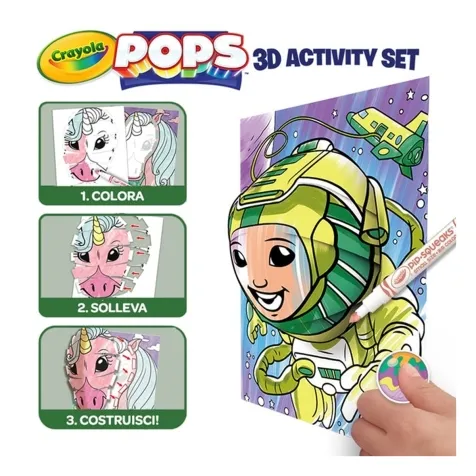set attivita pops spazio - 3 disegni 3d, 7 pennarelli, 3 fogli adesivi