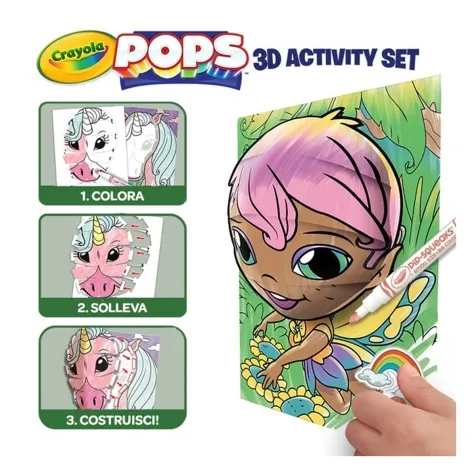 set attivita pops personaggi incantati - 3 disegni 3d, 7 pennarelli, 3 fogli adesivi