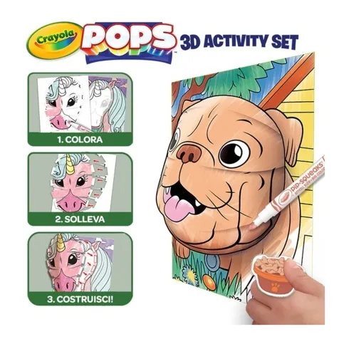 super set pops pets - 6 disegni 3d, 18 pennarelli, 3 fogli adesivi