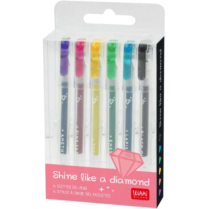 set di 6 mini penne gel glitterate - shine like a diamond