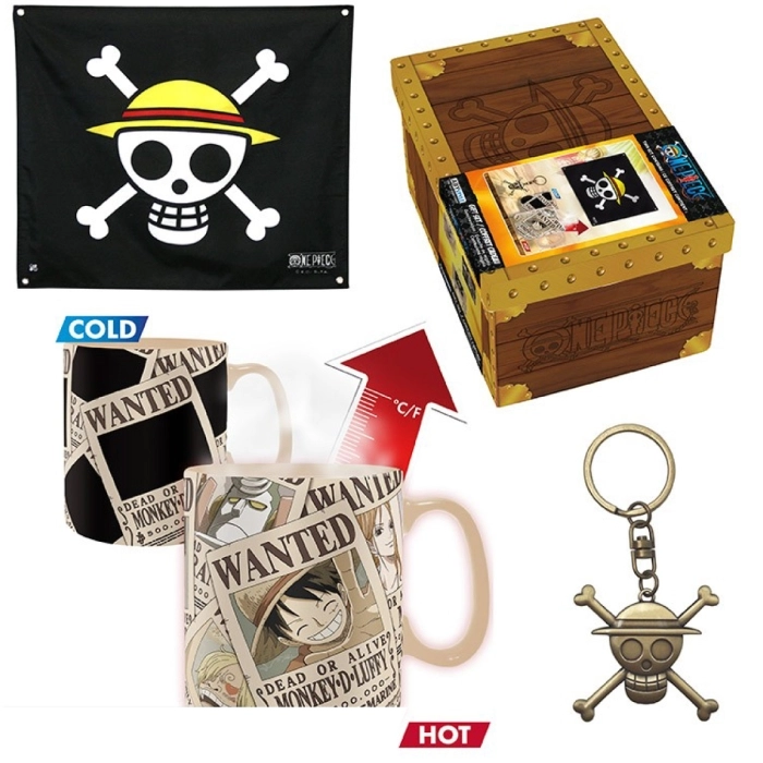 one piece - confezione regalo premium - tazza, portachiavi 3d, bandiera dei pirati