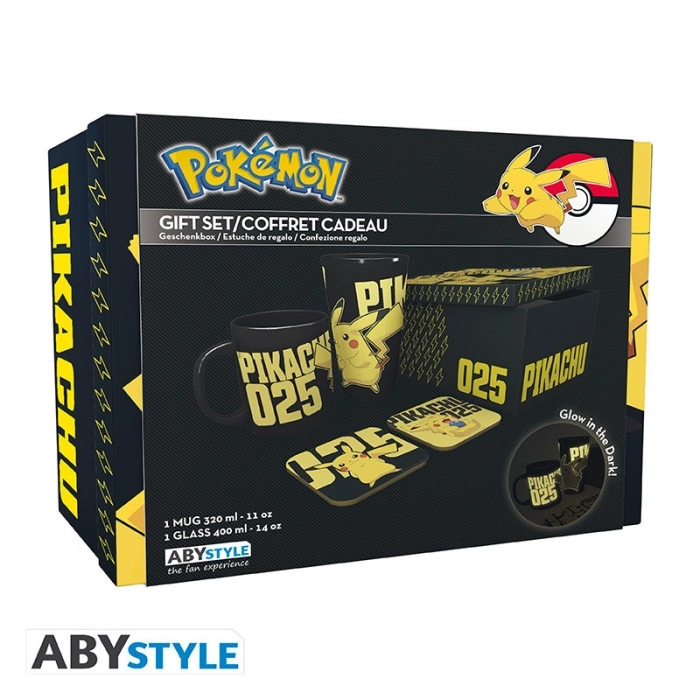 pokemon - confezione bicchiere xxl + tazza + 2 sottobicchieri che si illuminano al buio