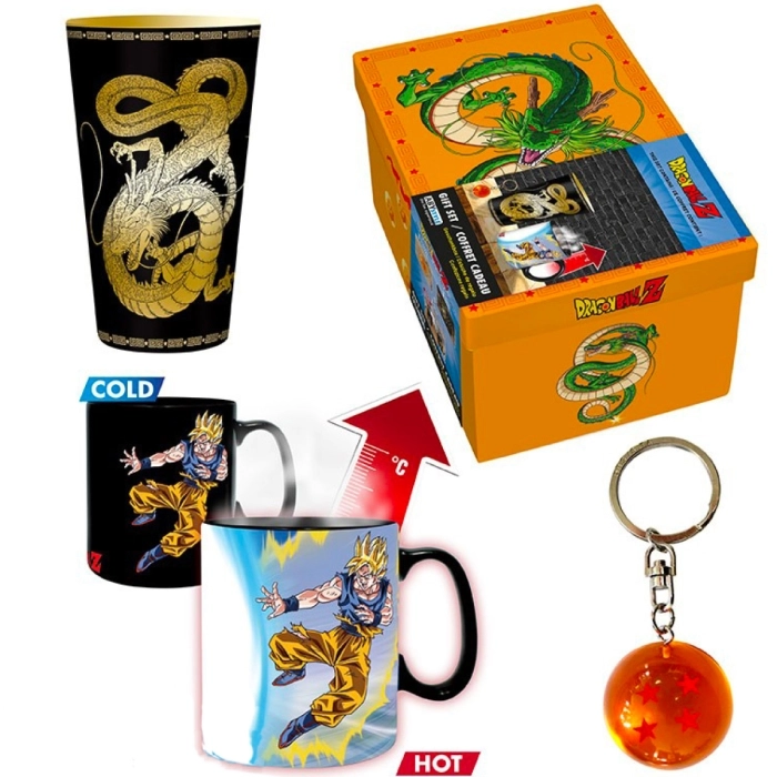 dragon ball - confezione regalo premium - bicchiere xxl, tazza heat change, portachiavi 3d