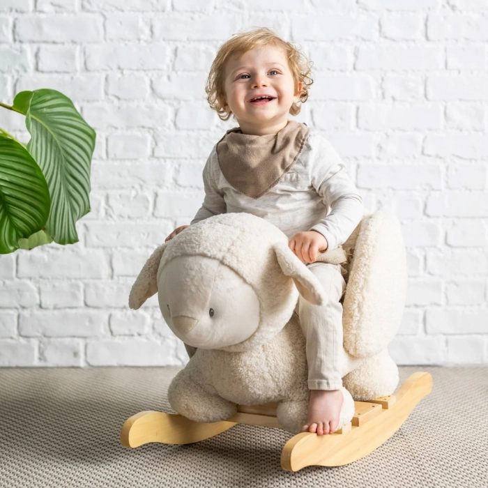 dondolo pecora ecru in legno e peluche - 60x30x45cm: 2