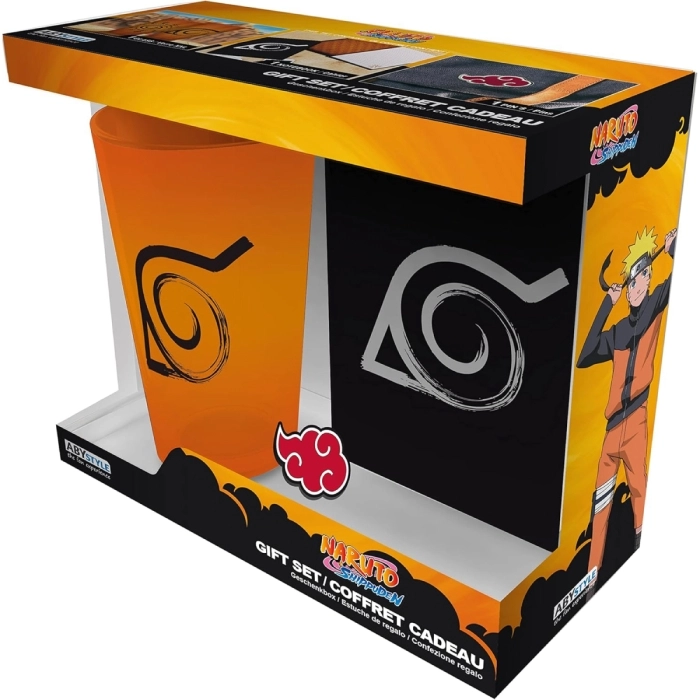 naruto shippuden - gift set - xxl glass + pin + notebook konoha