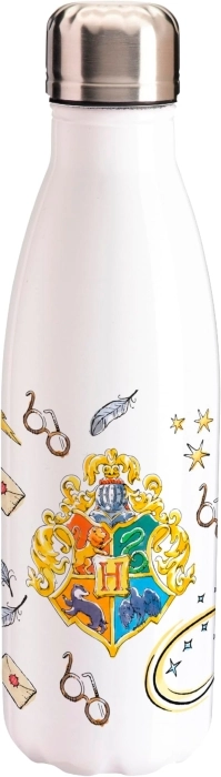 harry potter - borraccia in acciaio 500ml - simboli di hogwarts bianca