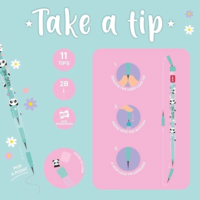 stackable pencil with eraser - take a tip - panda