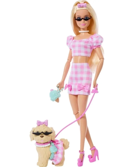 barbie cuccioli a passeggio - vestito a quadri rosa