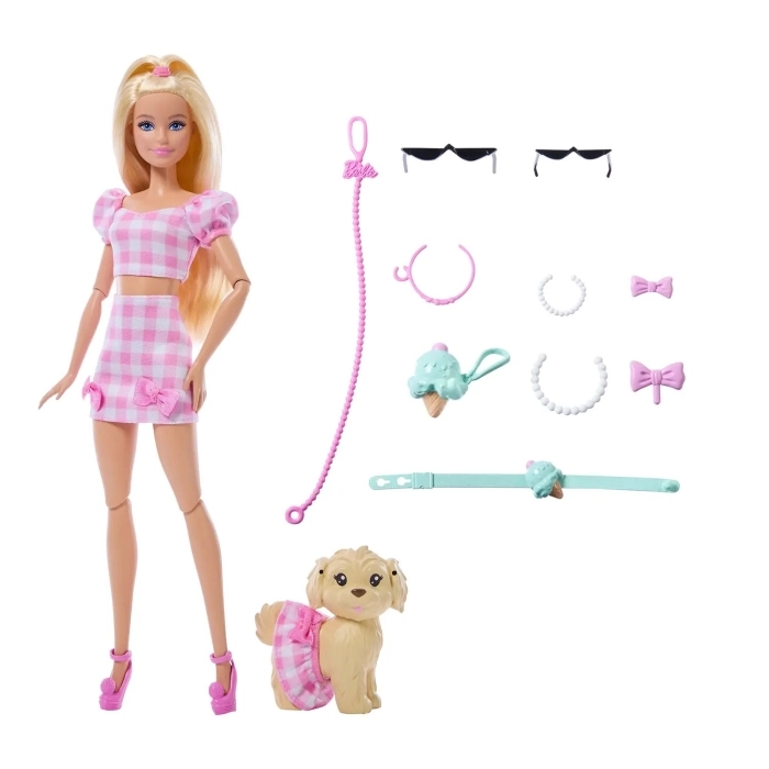 barbie cuccioli a passeggio - vestito a quadri rosa