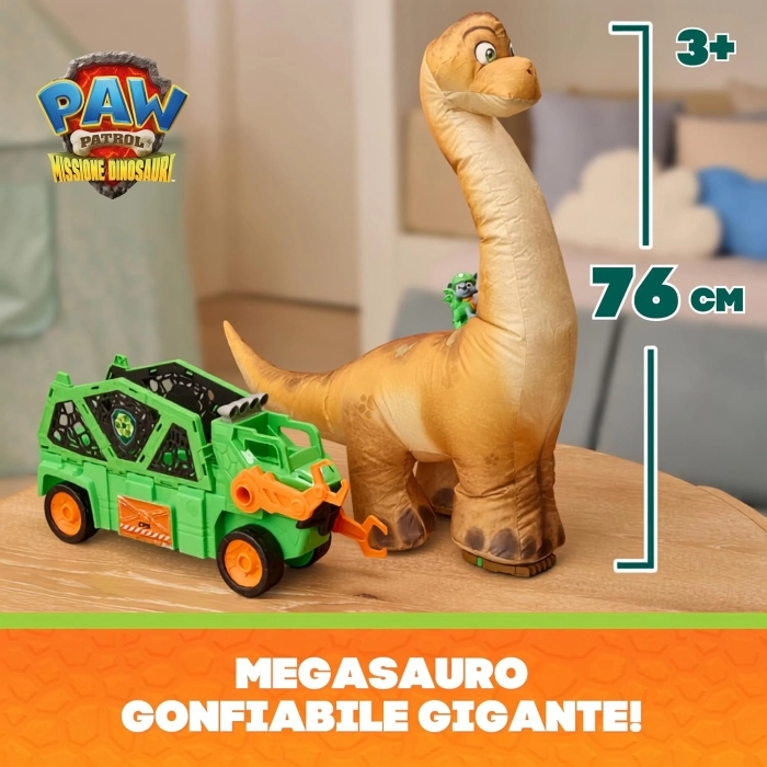 paw patrol - dino movie - megasauro gonfiabile con veicolo e personaggio