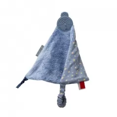 doudou comforter con gioco dentizione e etichette, blu e grigio con stelline
