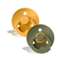 set di 2 ciucci colour - giallo di miele & oliva - tettarella in gomma naturale - made in denmark - con mascherina rotonda e leggera - senza bpa, pvc e ftalati 6-18 mesi