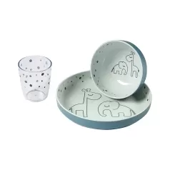 mini set pappa yummy dreamy dots celeste  con piatto, ciotola e bicchiere