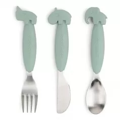 set 3 posate anti-scivolo - forchetta, cucchiaio e coltello - verde - silicone alimentare e acciaio inossidabile